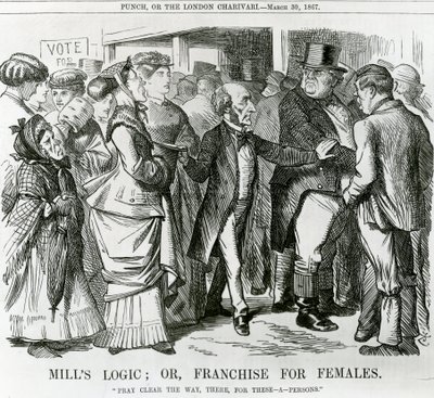 La lógica de Mill: o, Franquicia para mujeres, caricatura de Punch, Londres, 1867 de John Tenniel